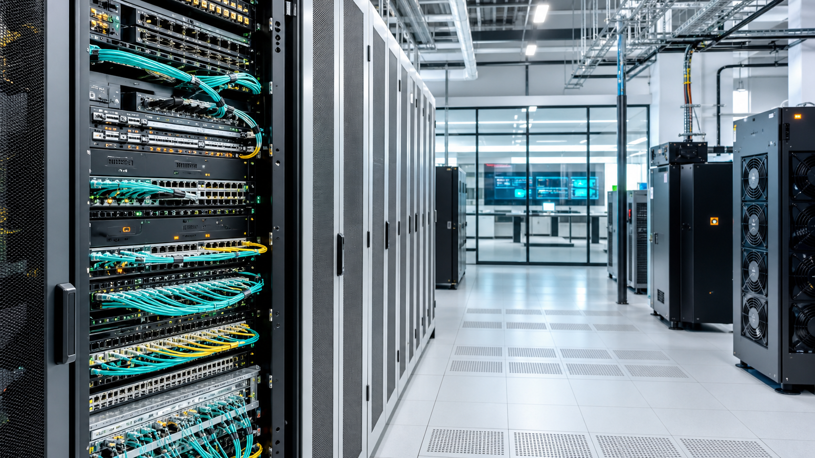 Data-center racks, network cabling and server-colocation operations aisle