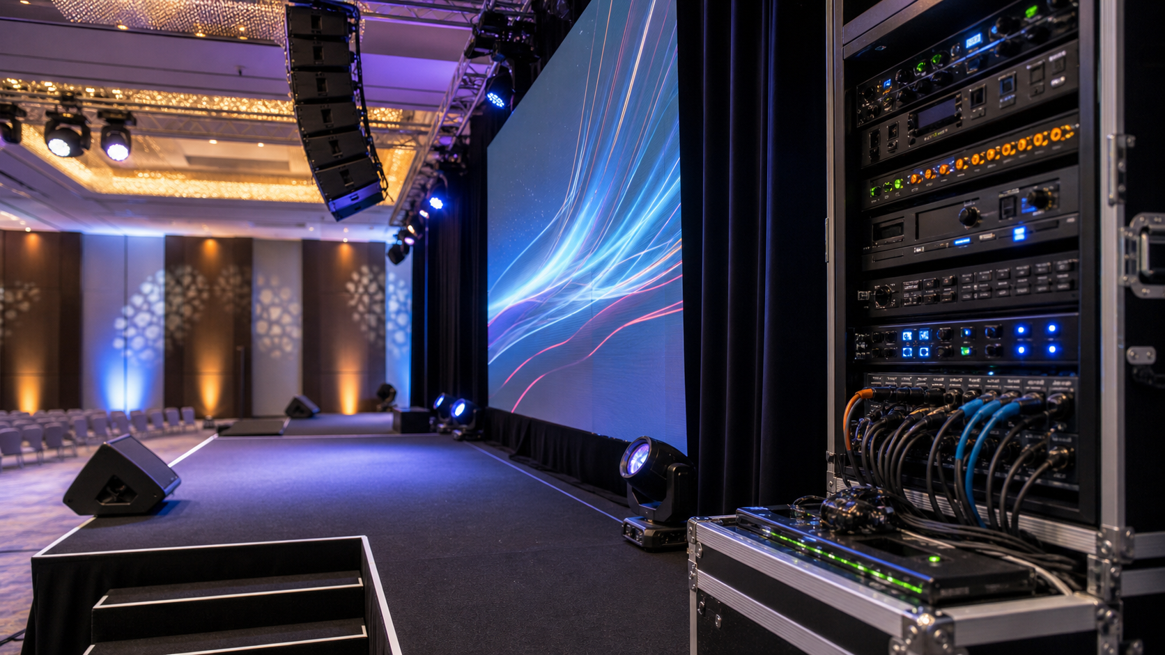 Auditorium stage, LED display, sound and AV racks