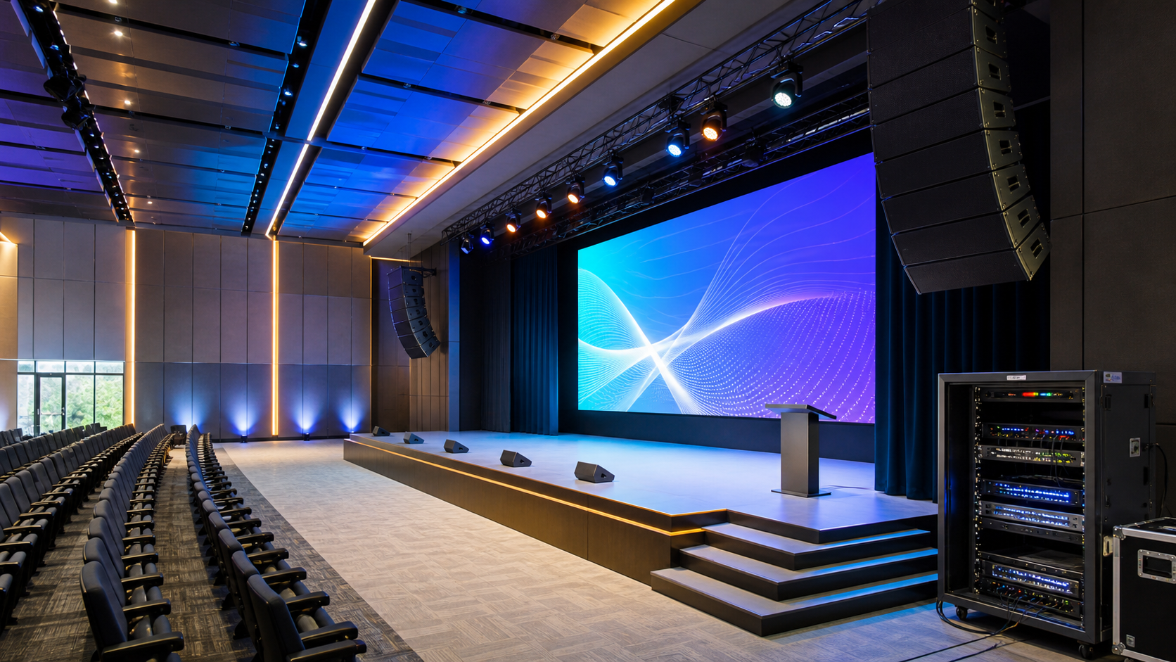 Auditorium stage, LED display, sound reinforcement and AV control equipment