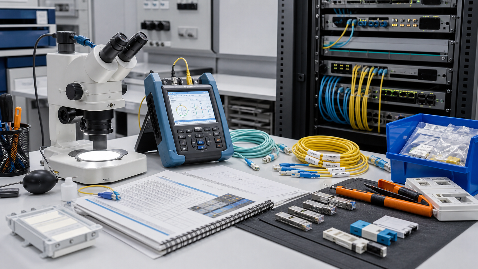 Low-voltage maintenance bench, fiber microscope and network rack