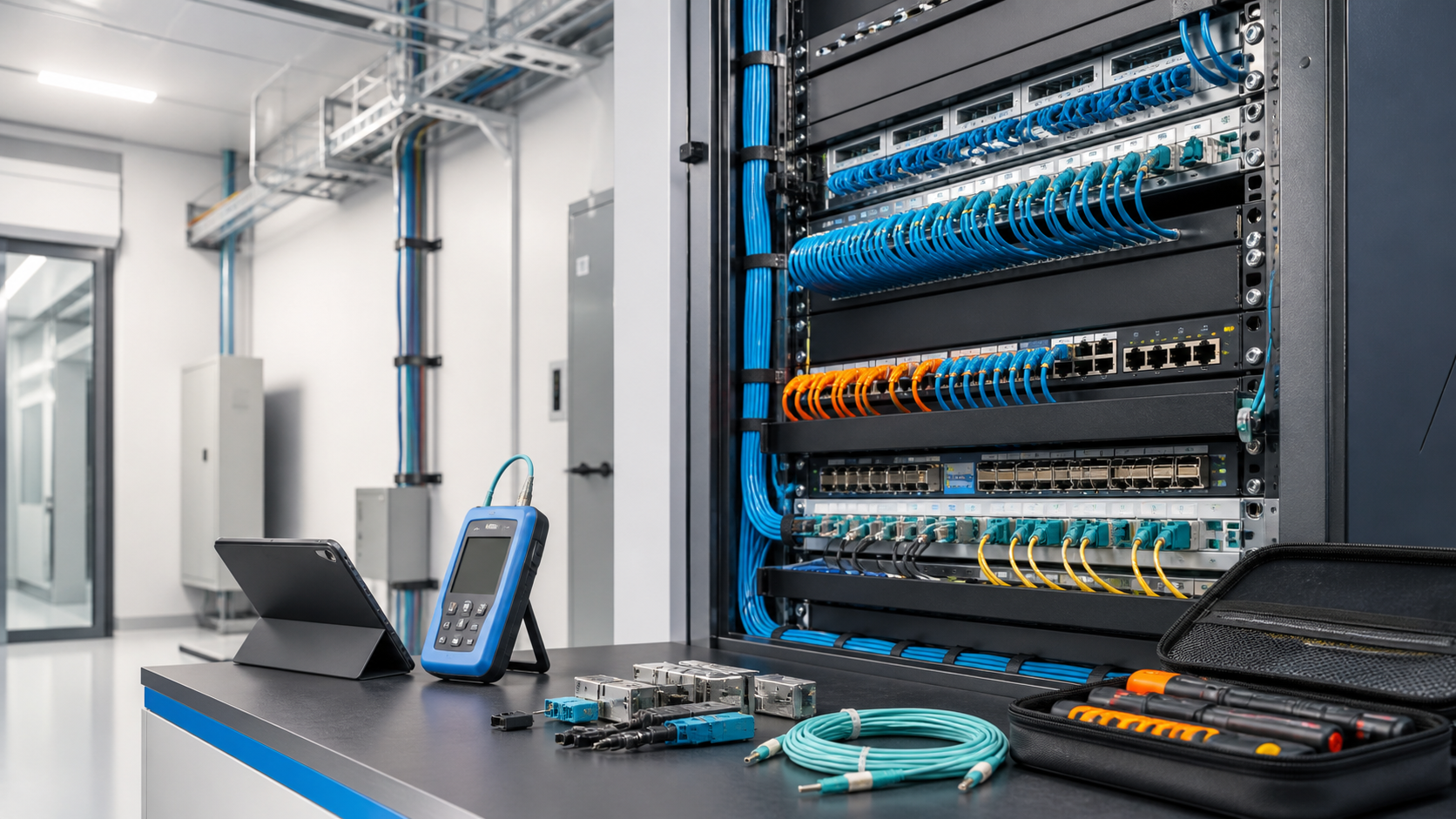Low-voltage patch panel, fiber links, test instruments and maintenance tools