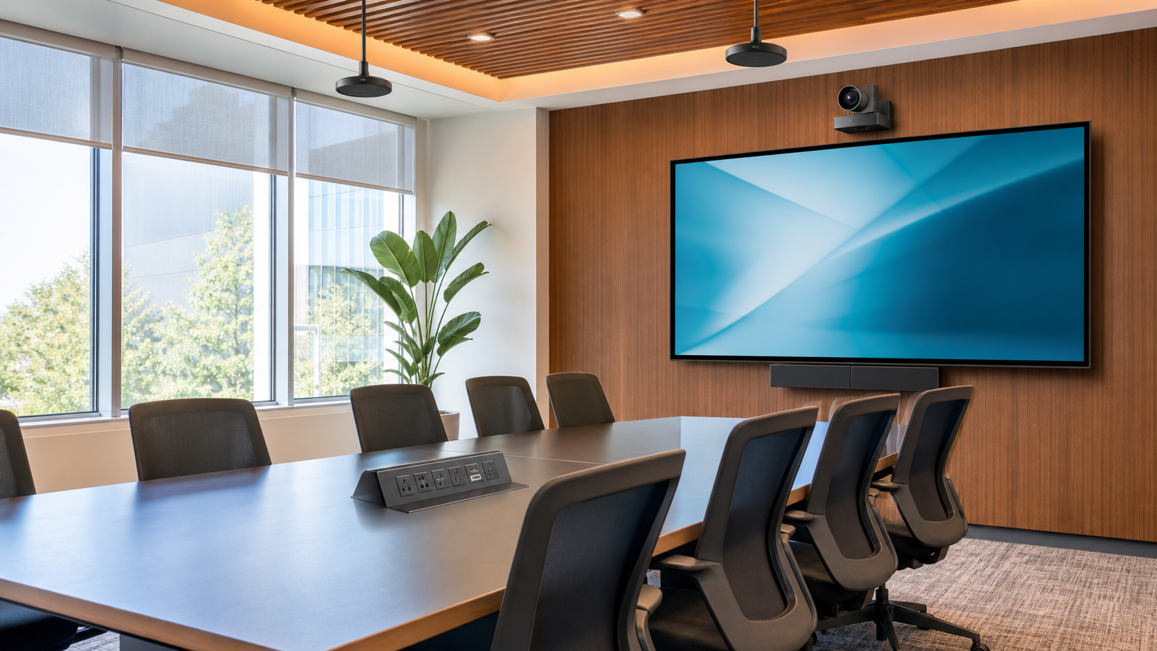 Meeting room with display, cameras, ceiling microphones and conference table